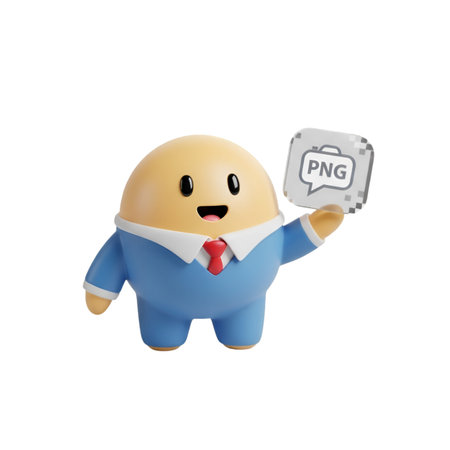 A cheerful cartoon character in a blue suit holding a PNG file iconの素材