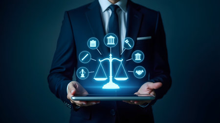 Businessman holding a tablet computer with law and justice icons on blue backgroundの素材