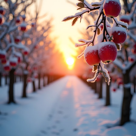 Frosty red apples on a tree branch at sunset in winterの素材