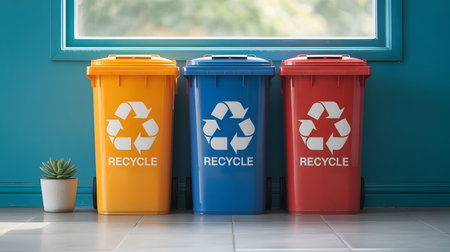 three recycle bins in front of a green wall. 3d renderingの素材