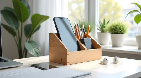 Wooden box with mobile phone and stationery on table in officeの素材