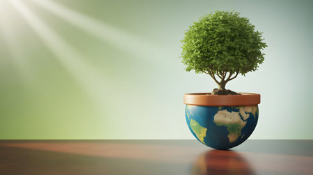 Ecology concept. Green tree in pot on wooden table against green backgroundの素材