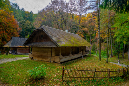 Old hut on the hill in Ukrainian skansenの写真素材