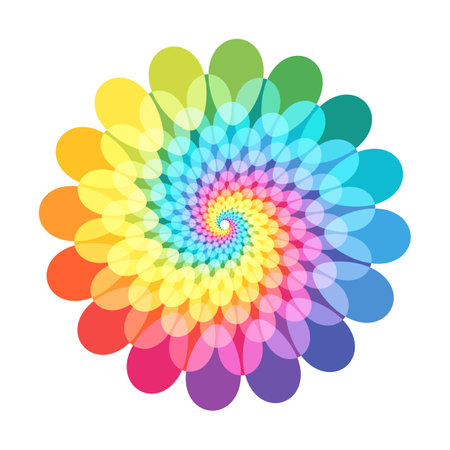 Swirling like spiral shape made from colorful bright rounded elements. Rainbow colors spotted vector background.のイラスト素材