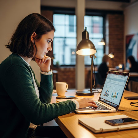 Attractive young businesswoman using laptop while sitting at her working place in officeの素材
