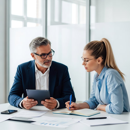 businessman and businesswoman working with digital tablet in modern meeting roomの素材