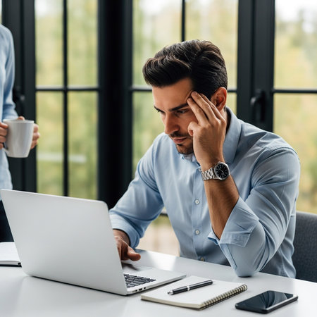 exhausted businessman sitting at workplace with laptop and cup of coffeeの素材