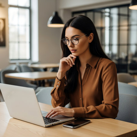 attractive young businesswoman in eyeglasses using laptop in cafeの素材
