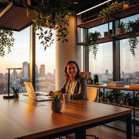 Beautiful businesswoman sitting at her desk in a coffee shop.の素材