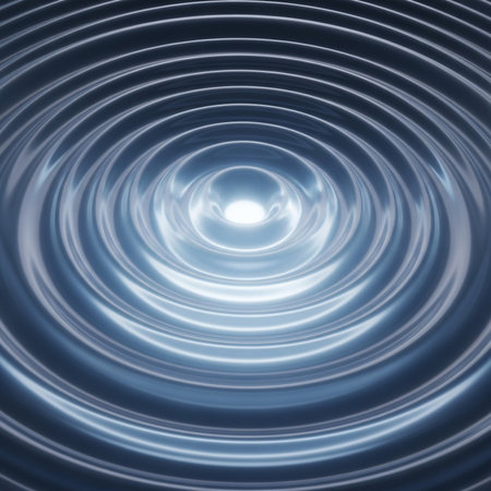 Abstract pattern of concentric circles emanating from a bright central light source on a rippling water surface.の素材