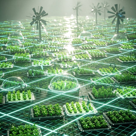 Green seedlings growing in a greenhouse. 3D Rendering.の素材