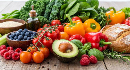 Healthy food clean eating selection: fruits, vegetables, seeds and oil. Balanced dietの素材