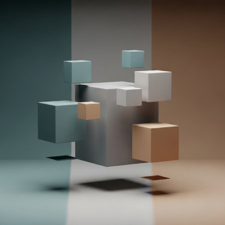 3d illustration of abstract geometric composition made of cubes in different colorsの素材