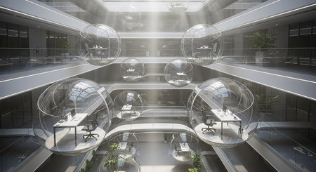3d render of interior of modern office building with glass roof.の素材