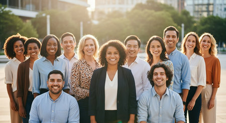 Group portrait of a diverse group of young business people standing together in the cityの素材