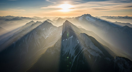 Aerial view of the Alps in Switzerland during sunset. Beautiful landscape.の素材