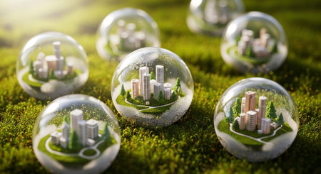 Green city in crystal ball on green grass. Eco friendly concept.の素材