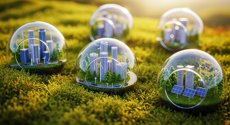 Eco city in glass ball on green grass. Ecology concept.の素材