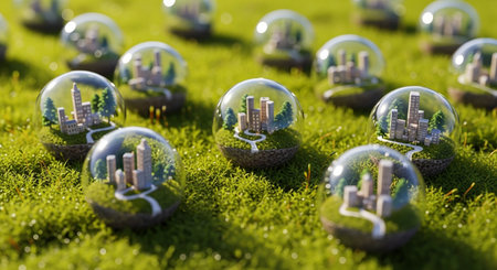 Glass globe with city buildings on green grass. Ecology concept. Selective focus.の素材