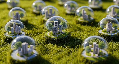 Miniature city in glass ball on green grass. 3d illustrationの素材