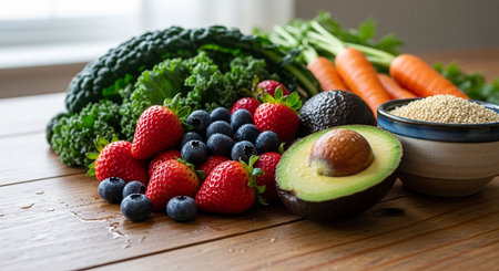Fresh fruit and vegetables with avocado, strawberries, blueberries, spinach, carrots, broccoli, celery, spinach, parsley, cucumber, spinach, radish, chia seeds on wooden backgroundの素材