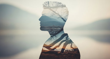 Double exposure of man silhouette and nature landscape background. Double exposure conceptの素材
