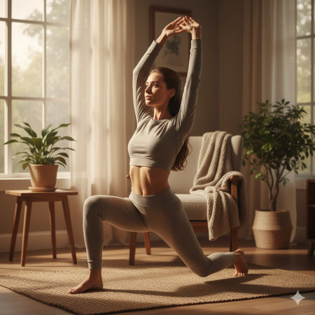 Sporty young woman practicing yoga at home. Healthy lifestyle concept.の素材