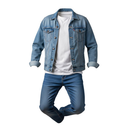 Denim jacket with white t-shirt and blue jeans pants isolated on white backgroundの素材