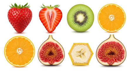 Set of fruits isolated on white background. Strawberry, kiwi, orange, fig.の素材