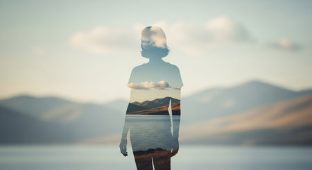 Double exposure of woman silhouette against lake and mountain landscape in the backgroundの素材
