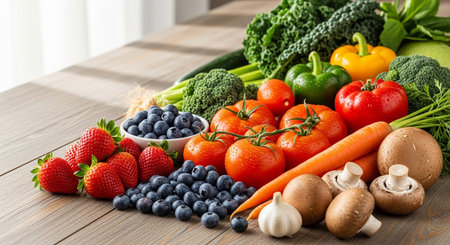 Composition with variety of raw organic vegetables and fruits. Balanced dietの素材