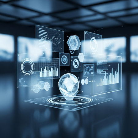 Glowing business hologram on blurred office background. 3D renderingの素材