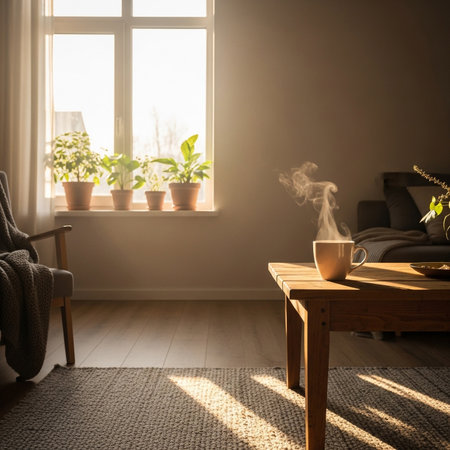 A cup of coffee on a wooden table in the living room.の素材