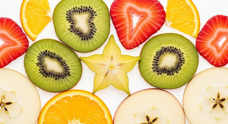 slices of kiwi, orange, grapefruit and apple on white backgroundの素材