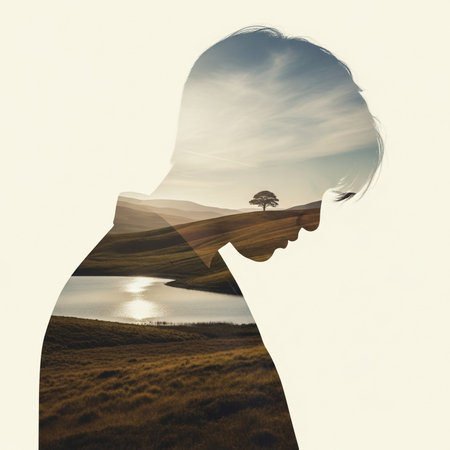 Double exposure of a silhouette of a woman and a lake in the backgroundの素材