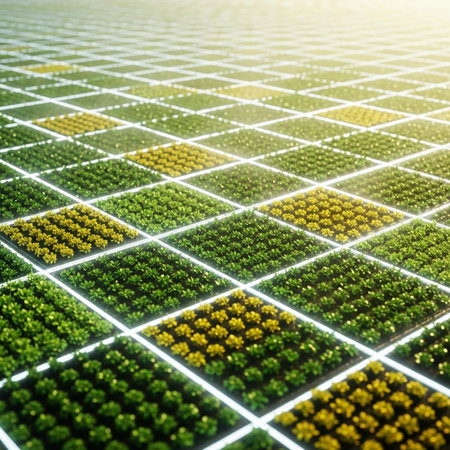 3d illustration of a grid of small green plants in a row.の素材