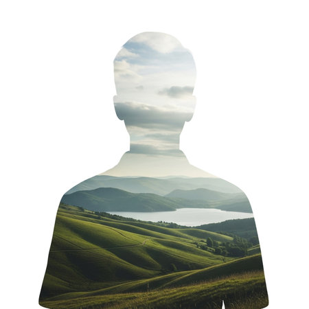 Silhouette of a man on the background of mountains and lakeの素材