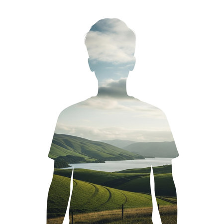 Silhouette of a man on the background of green fields and lakeの素材