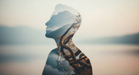 Silhouette of a man in front of a lake. Double exposureの素材