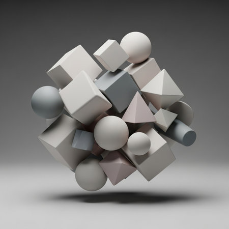 Abstract 3d rendering of geometric shapes in white and grey colors.の素材