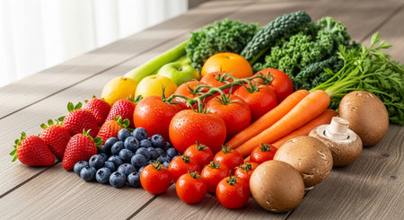 Fresh fruits and vegetables on a wooden table. Healthy food background.の素材