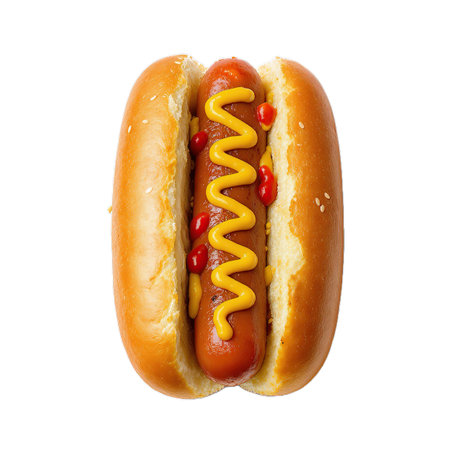Hot dog with mustard and ketchup isolated on white background, clipping path includedの素材