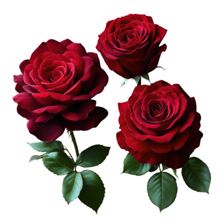 Red roses isolated on white background. Top view. Flat lay.の素材