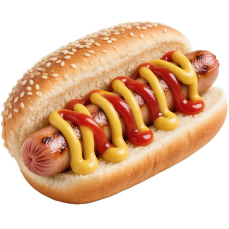 Hot dog with mustard and ketchup on a white background. Isolatedの素材