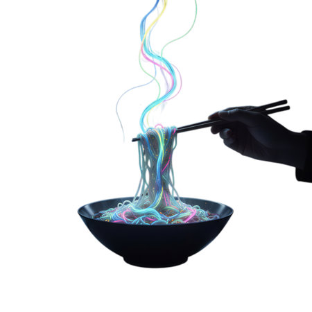 Hands holding chopsticks over a bowl of noodleの写真素材