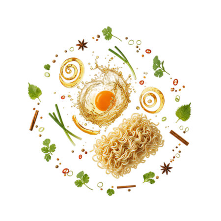 Instant noodles with egg yolk, herbs and spices on white backgroundの写真素材