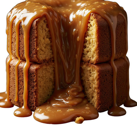 Caramel cake with glaze isolated on white background. Clipping path included.