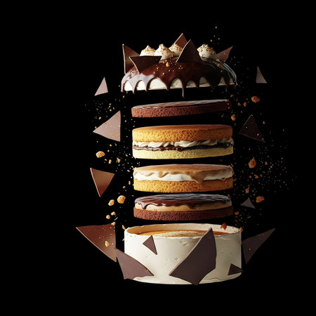 Falling pieces of cake isolated on black background. 3d renderingの写真素材