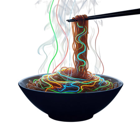 Noodles in a bowl with chopsticks isolated on white background