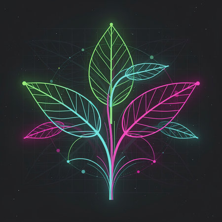 Abstract vector illustration of leaves in neon style on a dark background.の素材